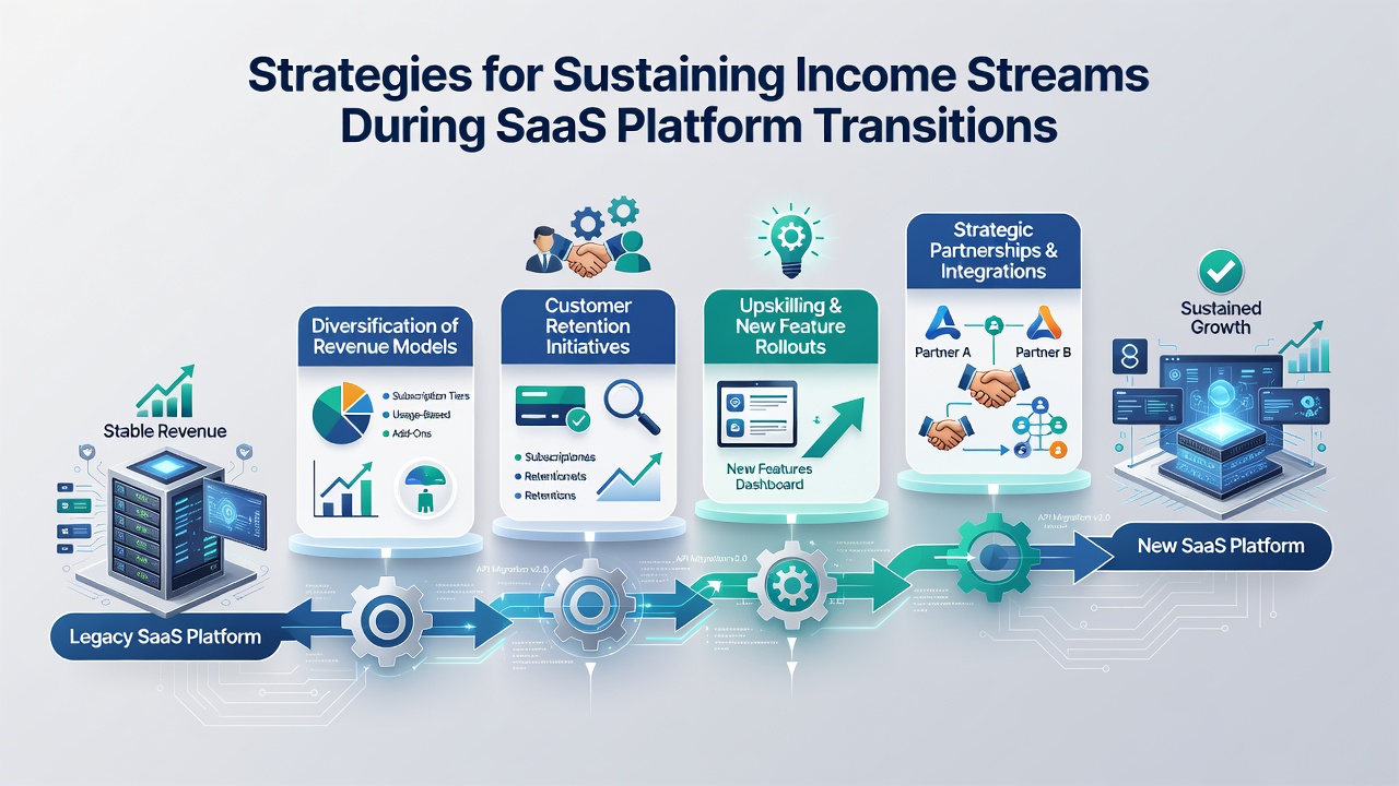 Detailed view of parallel SaaS operations with revenue monitoring dashboards and customer migration checkpoints